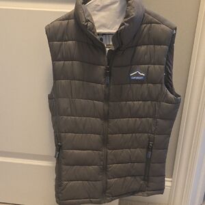 Men's Superdry Dark Gray Puffer Vest with Blue Logo Sz M